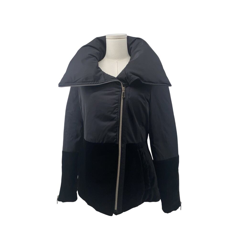 White House Black Market Puffer Black Coat Jacket Small Velvet Bottom Gold Zips